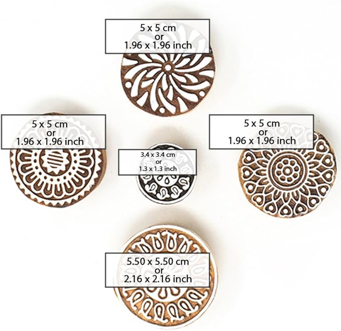 Round Shape Wooden Stamp Block for Block Printing - Handcarved Stamps for Saree Border/Scrapbook/Fabric/Textile/Paper/Clay/Pottery (Set of 5) Hashcart®
