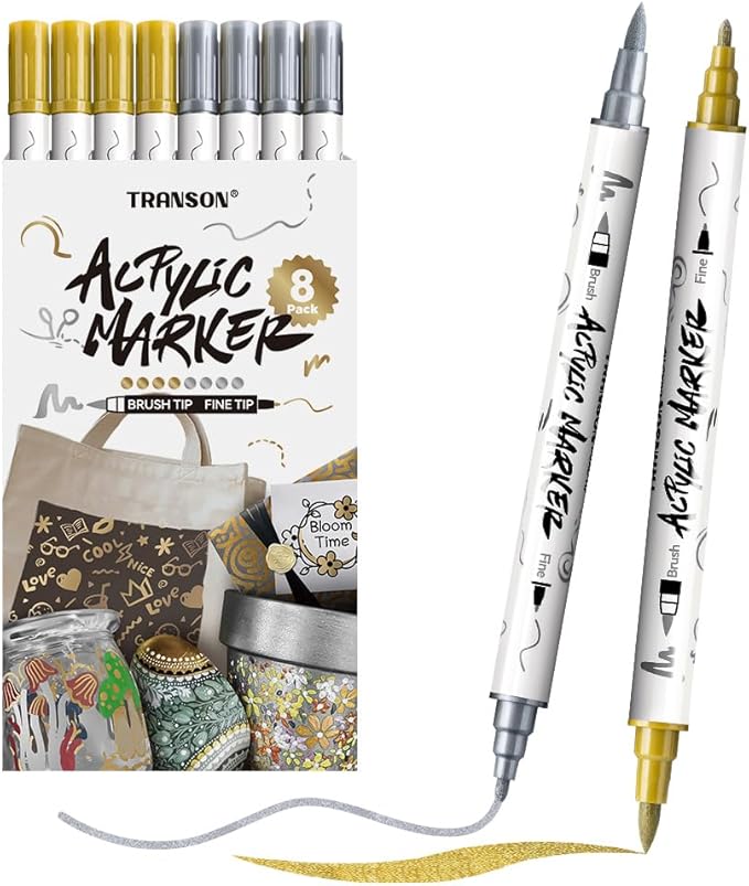 TRANSON 4 Gold and 4 Silver Paint Markers Brush and Fine Dual-tip Acrylic Paint Marker Set for Rock Painting Glass Canvas Wood Leather Ceramic Painting
