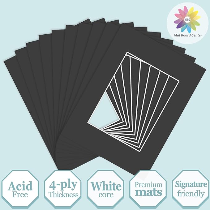 MBC Mat Board Center, 10 Pack 9X12 for 6X8 Black Picture Mats Frame Mattes, Bevel Cut, Acid Free, 4-Ply Thickness