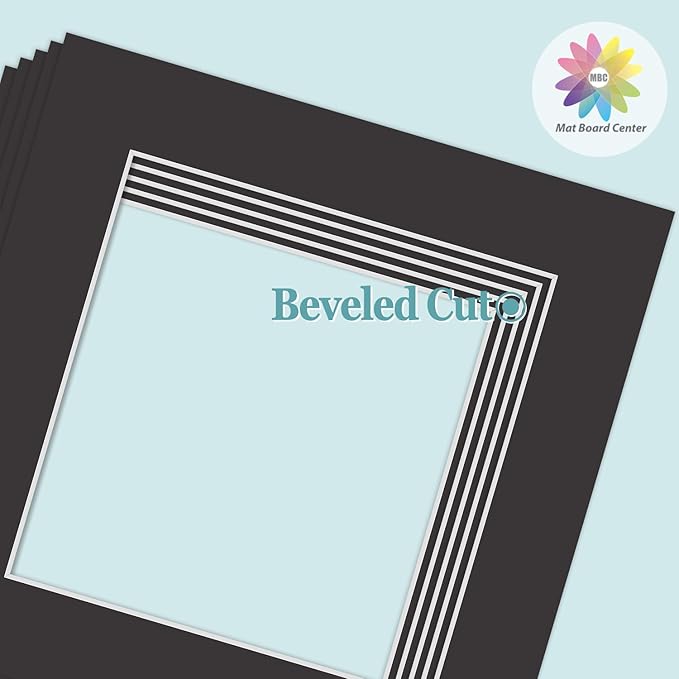 MBC Mat Board Center, 5 Pack 8x8 for 6x6 Black Picture Mats Frame Mattes, Bevel Cut, Acid Free, 4-ply Thickness