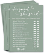 Minimalist Green Wedding Party Supplies: 25 Guest Bridal Shower Games - Engagement Party Cards