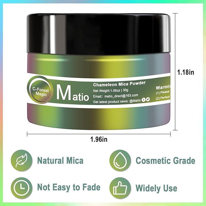 Matio Chameleon Mica Powder, 1.06oz/ 30g Twinkle Sea Chrome Powder, Pearlescent Effect Color Shift Pigment for Resin Craft, Soap Candle Dye, Nail Art, Makeup, Bath Bomb, Paint, Slime Pigment