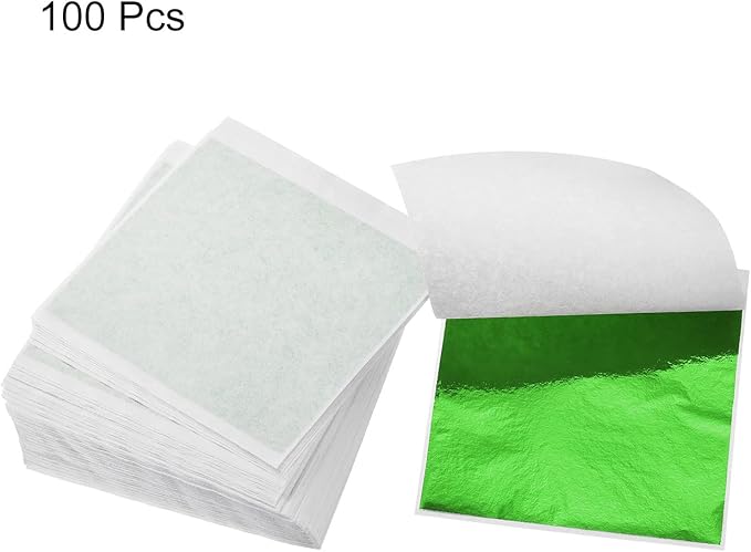 MECCANIXITY Gold Leaf Foil Sheet, Green Leaf Papers, 3.3 x 3.1inch for Art Decoration, Sculptures, Painting, Pack of 100