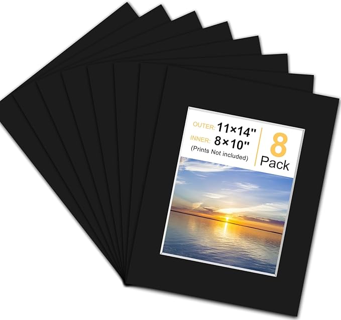 Phinus 8 Pack Picture Mats for Frames, Acid Free 11x14 Matted to 8x10, Picture Frame Mats for Pictures, Watercolor, Artwork and Prints (Black)
