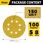 100PCS 5 Inch 150 Grit 125mm 8 Hole Sanding Discs Sandpaper - Premium Gold Round Hook and Loop for Random Orbital Sander - Ideal for Wood, Metal, Automotive