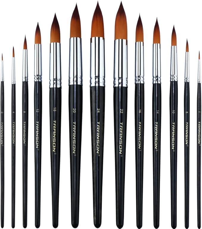 Transon 13pcs Round Paint Brush Set Synthetic Bristle Complete Round Brush Set for Watercolor Acrylic Gouache Ink Tempera