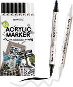 TRANSON 6 Black and 2 White Paint Markers Bold and Brush Dual-tip Acrylic Paint Marker for Rock Glass Canvas Wood Leather Ceramic DIY Painting