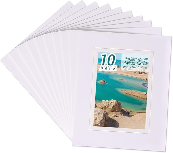 HOTUO 10 Pack Acid Free White Picture Frame Mats, Pre-Cut 8x10 Picture Mats with Ivory Core Bevel Cut for 5x7 Photo, Signature Friendly 4 Ply Thickness Photo Mat for Frames (White with V-Groove)