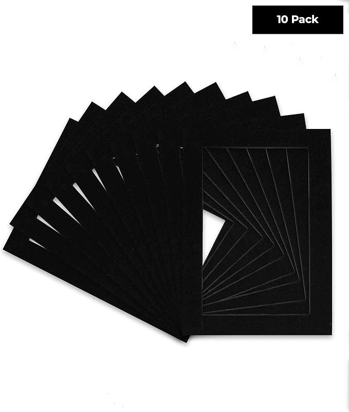 Pack of Ten Acid Free 8x10 Mats Bevel Cut for 5x8 Photos - Black with Black Core Precut Matboards with Backing Boards and Self Seal Photo Mat Bags for Pictures, Photos, Framing - 4-ply Thickness