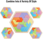 Skrtuan Wooden Hexagon Puzzle for Kid Adults Wooden Blocks Puzzle Brain Teasers Toy Shape Pattern Blocks Tangram Puzzles Games Family Portable Montessori Educational Gift for Kid Children