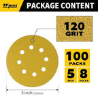 100PCS 5 Inch 120 Grit 125mm 8 Hole Sanding Discs Sandpaper - Premium Gold Round Hook and Loop for Random Orbital Sander - Ideal for Wood, Metal, Automotive