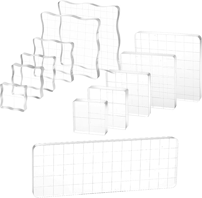 12Pcs Acrylic Stamp Block Clear Stamping Blocks Tools Set Assorted Sizes Stamp Blocks with Grid Lines for Scrapbooking Crafts Card Making