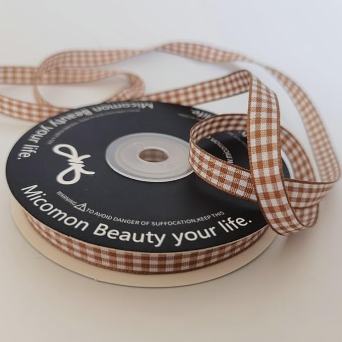 Micomon Khaki and White Woven Edge Plaid Ribbon 100% Polyester Gingham Ribbon 25 Yards Each Roll (3/8"Khaki)