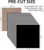 HTVRONT HTV Heat Transfer Vinyl Bundle: 12 White HTV Vinyl and 11 Black Heat Transfer Vinyl Sheets, 12"x12" PU Iron on Vinyl Plus 1 PTFE Sheet Easy to Cut & Weed for Heat Design
