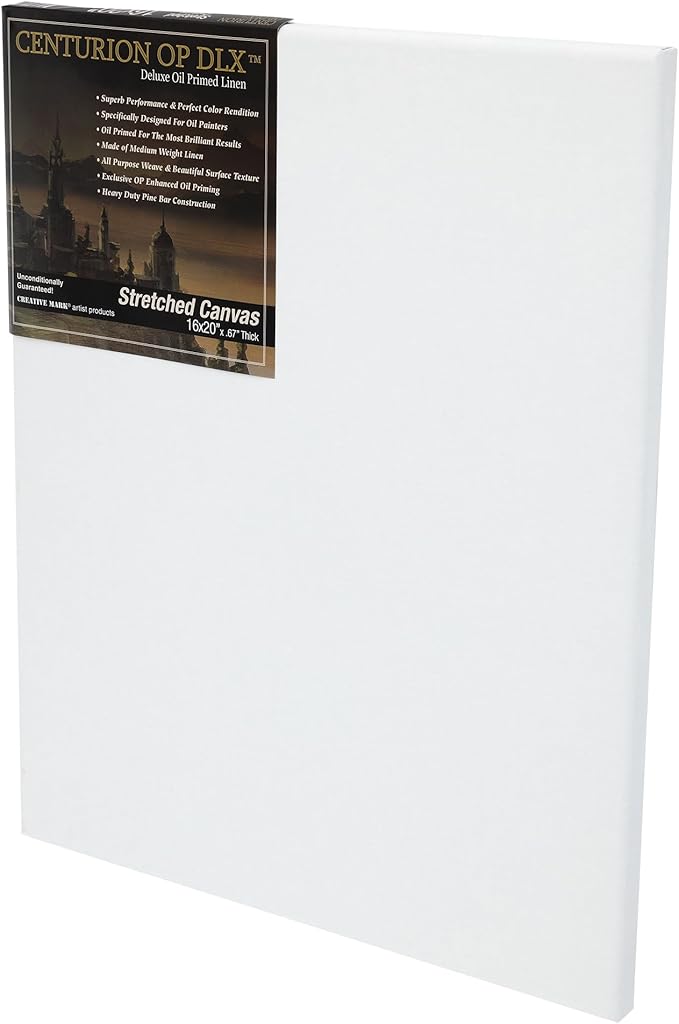 Centurion Deluxe Professional Oil Primed Linen Stretched Canvas, 11oz Linen, 16x20 - Box of 6, 0.67" Deep Canvases, Kiln-Dried Stretchers, Back Stapled, Premium Medium Weight Canvas for Oil Paintings