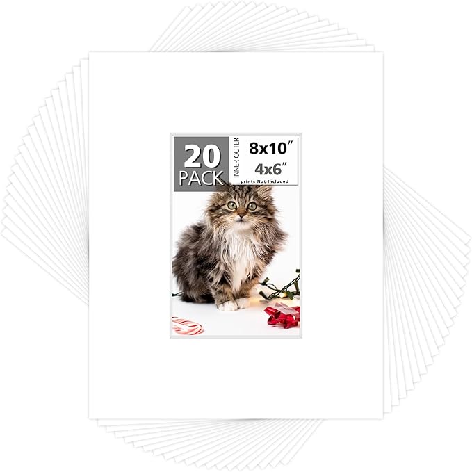 Mat Board Center, Pack of 20, 8x10 for 4x6 White Photo Picture Mats - Acid Free, 4-ply Thickness, White Core - for Pictures, Photos, Framing