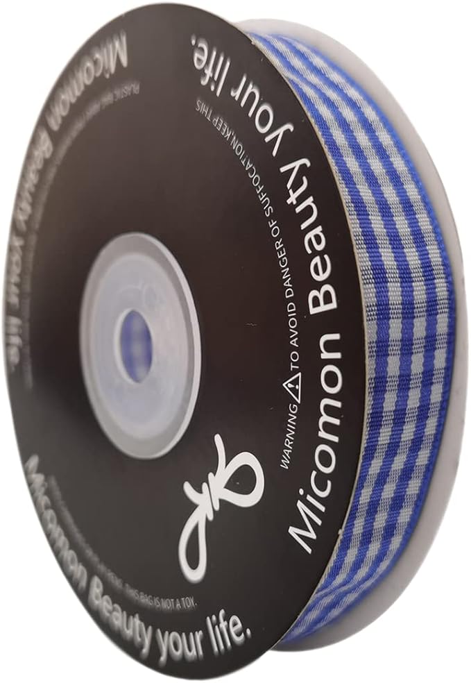 Blue and White Woven Edge Plaid Ribbon 100% Polyester Gingham Ribbon 25 Yards Each Roll (5/8", Blue)