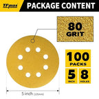 100PCS 5 Inch 80 Grit 125mm 8 Hole Sanding Discs Sandpaper - Premium Gold Round Hook and Loop for Random Orbital Sander - Ideal for Wood, Metal, Automotive