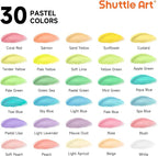 Shuttle Art 40 Pack Pastel Acrylic Paint Set, 30 Colors, 60ml/2oz Bottles, High Viscosity, Water-proof With 10 Paint Brushes for Painting &Crafting on Canvas, Rock, Ceramic, Fabric, Clay
