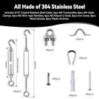 3/16" Sunshade Sail Hardware Kit, Turnbuckles for Cables Wires, PIUM PVC Coated Wire Rope Kits, 50Ft Stainless Steel Cable for Clothes Line Wires, String Light Hanging and Garden Plant Trellis