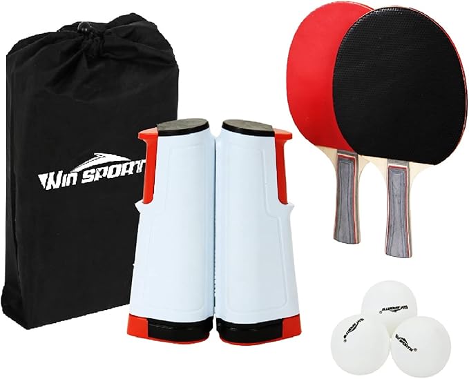Ping Pong Net Table Tennis - Win SPORTS Paddle Set with Retractable Net,Play Anywhere Ping Pong Net for Any Table,2 Table Tennis Paddle& Rackets,3 Balls,Storage Case,Set with Retractable Table Tennis Net