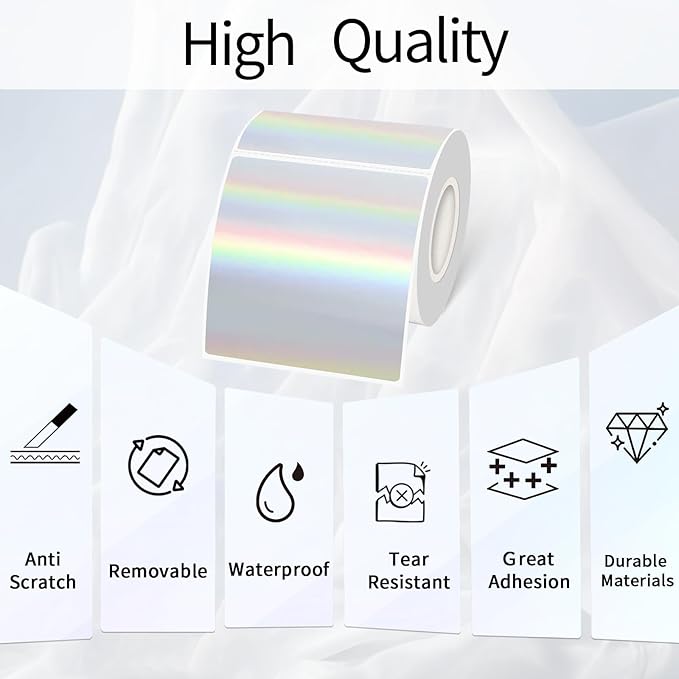 Square Thermal Labels Stickers 3" x 3", Holographic Square Thermal Stickers Labels, Glitter Self-Adhesive Direct Thermals Label for Small Business- Holographic Silver