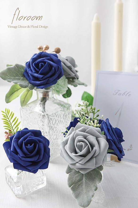 Floroom Artificial Flowers 25pcs Real Looking Silver Grey Foam Fake Roses with Stems for DIY Wedding Bouquets Bridal Shower Centerpieces Floral Arrangements Party Tables Home Decorations