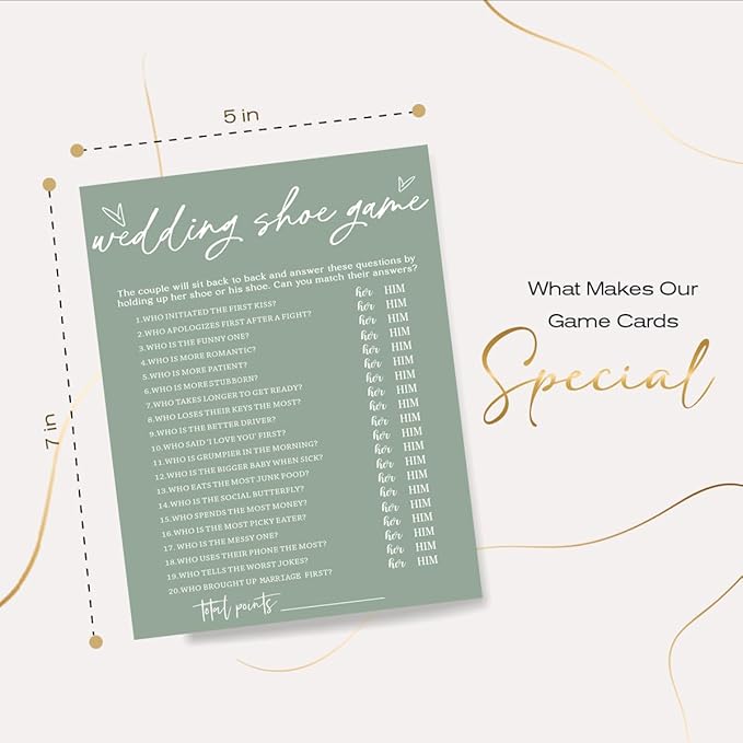 Bridal Shower Games Cards, Wedding Shoe Game, Bridal Shower Games 25 Guests, Engagement Party Wedding Games for Guests, Minimalist Green Wedding Party Supplies - C04