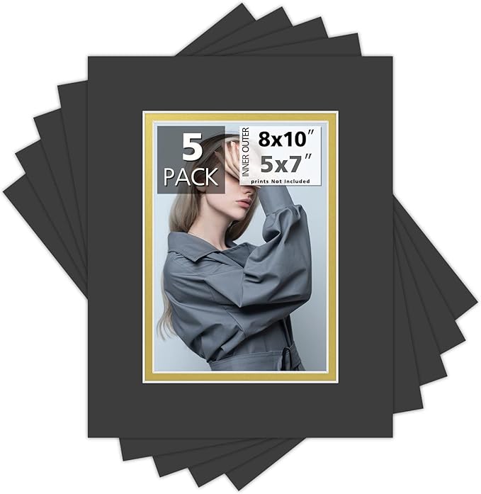 Mat Board Center, Double Mat - Acid Free, 8-ply Thickness, White Core - for Pictures, Photos, Framing (Black Over Gold, 8x10 for 5x7, Pack of 5)