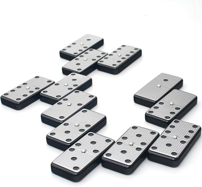 Bucher&Rossini Metal Surface Dominoes Set Double 6 - Classic Black Domino's Game Set with Silver Metal Surface for Adults and Kids Ideal Gift for Domino Players or Family Game Night