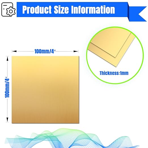 Brass Sheet,4" x 4"-18 Gauge(1mm) Thickness,99.9% Pure Brass Plates for DIY, Jewelry, Electrical, Repair, Industrial(2 Pac）