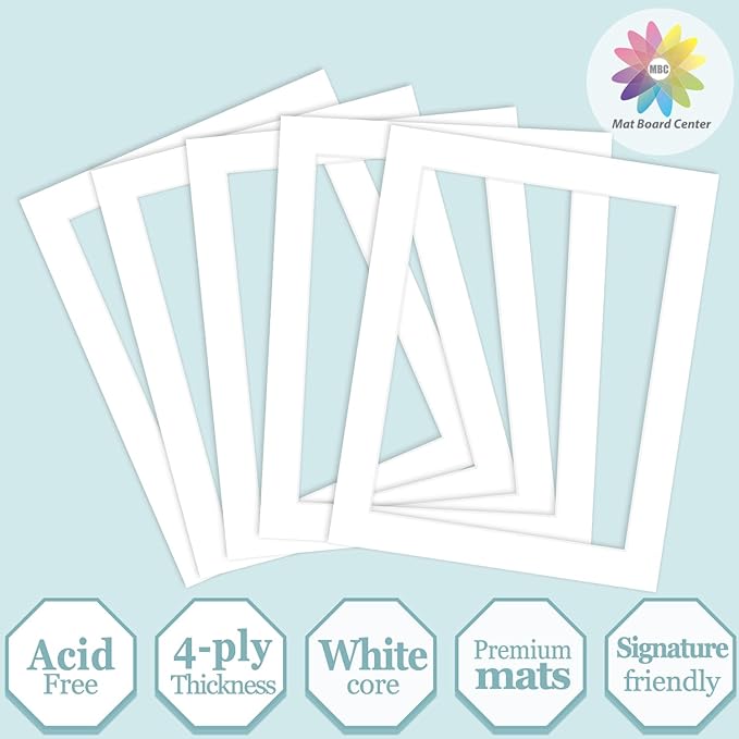 MBC Mat Board Center, 5 Pack 11X14 for 9X12 White Picture Mats Frame Mattes, Bevel Cut, Acid Free, 4-Ply Thickness