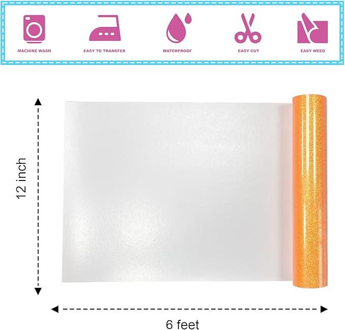Orange Glitter Heat Transfer Vinyl 12Inch*6FT Glitter Iron on Vinyl for T Shirts Easy to Cut and Weed Compatible with All Cutter Machines HTV Vinyl Iron on for Cricut (Fluorescent Orange)