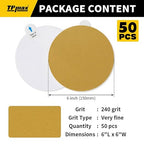 6-Inch 240-Grit Gold PSA Sanding Discs, 50 Pack – Pro-Grade Self-Adhesive Stickyback Sandpaper with Quick-Release Tabs for DA Sander, Very Fine Automotive/Wood/Metal Sanding