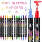 24 Colors Dual-tip Watercolor Markers, 12 Pack Glitter Brush Markers, Water-based Ink Sparkle Pen,Glitter Paint Pens for Adults Coloring,DIY Crafts,Doodle Writing, Art Crafts Gifts