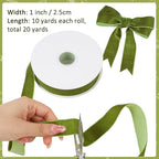 Mousse Green Velvet Ribbon, 1 Inch x 20 Yards Single Faced Mousse Green Ribbon for Gift Wrapping, Bow Making, Christmas Tree Decorations, Wreath Making and DIY Crafts (10 Yards Each Roll)