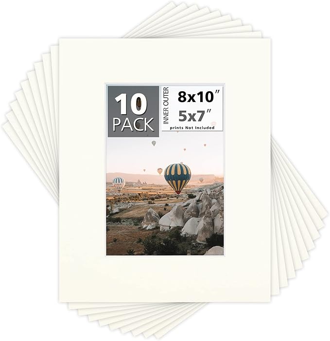 Mat Board Center, Pack of 10, 8x10 for 5x7 Ivory Turret Color Mats - Bevel Cut, Acid Free, 4-ply Thickness, White Core - for Pictures, Photos, Framing