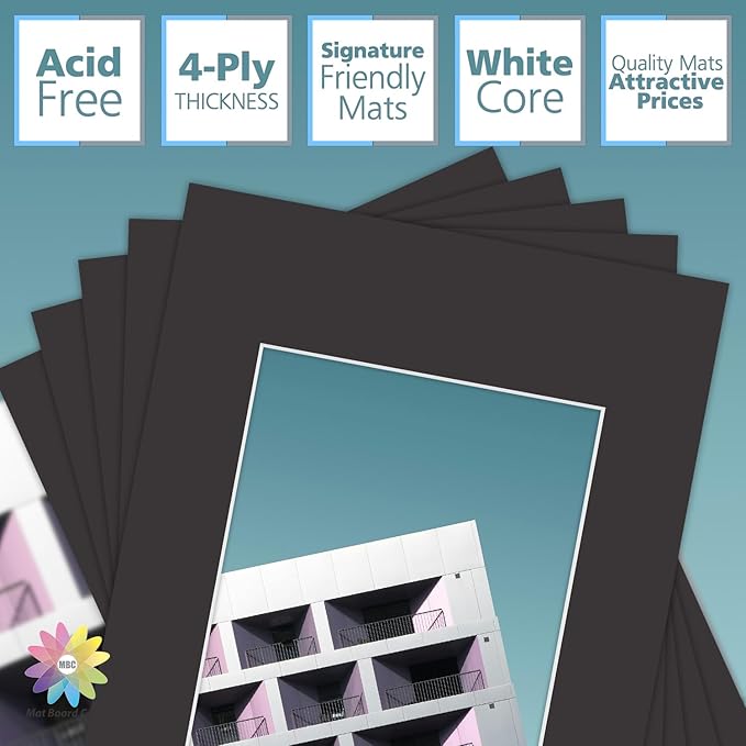 MBC Mat Board Center, 5 Pack 12x16 for 8x10 Black Picture Mats Frame Mattes, Bevel Cut, Acid Free, 4-ply Thickness