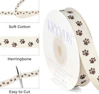 Paw Print Ribbon - 5/8 Inch x 12 Yards Natural Twill Tape Ribbon, Cotton Herringbone Ribbons for Gift Wrapping, Crafts, Dog Party Supplies, DIY Decoration