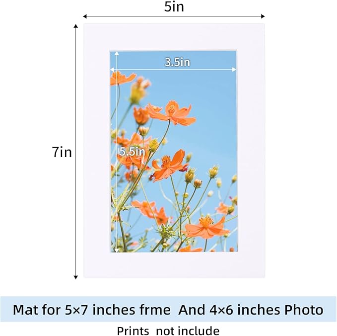 HOTUO 10 Pack 5x7 White Picture Mats, 4 Ply Thickness Frame Mattes for 4x6 Photo, Photo Mat with Core Bevel Cut, for Frames/Artwork/Print/Pictur.