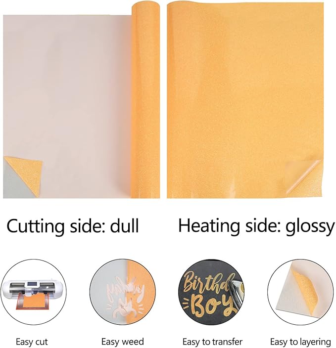 guangyintong Glow Glitter Orange Yellow Heat Transfer Vinyl HTV Rolls, 12" x 8ft Iron on Vinyl for T-Shirts, Glitter HTV Vinyl for All Cutter Machines Easy to Cut & Weed for DIY Design