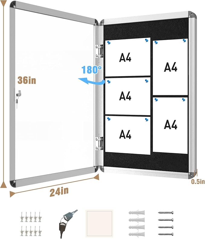 36"x24" Enclosed Bulletin Board, Lockable Weather-Resistant Aluminum Cork Noticeboard for School & Office, Silver Frame w/Black Flet