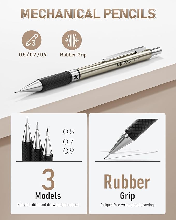 Nicpro 35PCS Art Mechanical Pencil Set, 3 PCS Metal Drafting Pencil 0.5 mm & 0.7 mm & 0.9 mm & 3 PCS 2mm Lead Holder (6B 4B 2B HB 2H 4H Colors) For Sketching Drawing With 20 Tube Lead Refills Case
