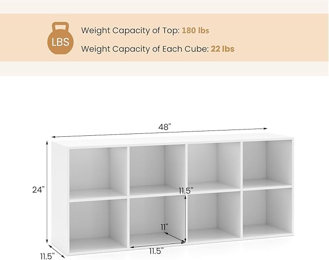 Giantex 8-Cube Bookcase, 3-Tier Cubby Bookshelf, Horizontal Vertical Display Rack with Anti-Tipping Kits, Modern Storage Organizer Shelf Unit for Bedroom, Living Room, Study (White, 8-Cube)