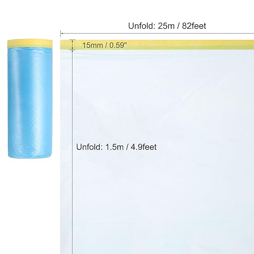 uxcell Pre-Taped Masking Film, 4.9ft x 82ft Plastic Paint Drop Cloth with Medium-Tack Painters Tape for Painting Spraying Protection Blue Film 6Pcs