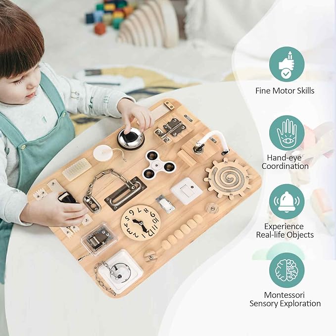 Potatomato Montessori Large Busy Board for 1 2 3 4 Year Old- Wooden Sensory Toys -Fidget Activity Board for Toddlers Boys and Girls- Motor Skills Gifts for ADHD & Autistic Children Kids