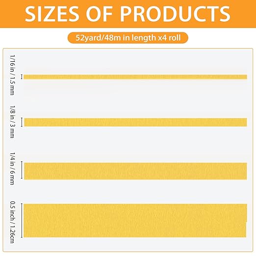 QDiShi 4 Rolls Fine Line Tape(Yellow), Fineline Masking Tape in 1/16, 1/8, 1/4 and 1/2 Inch Wide x 52 Yard Long, Automotive Masking Tape for DIY Car Auto Paint Art