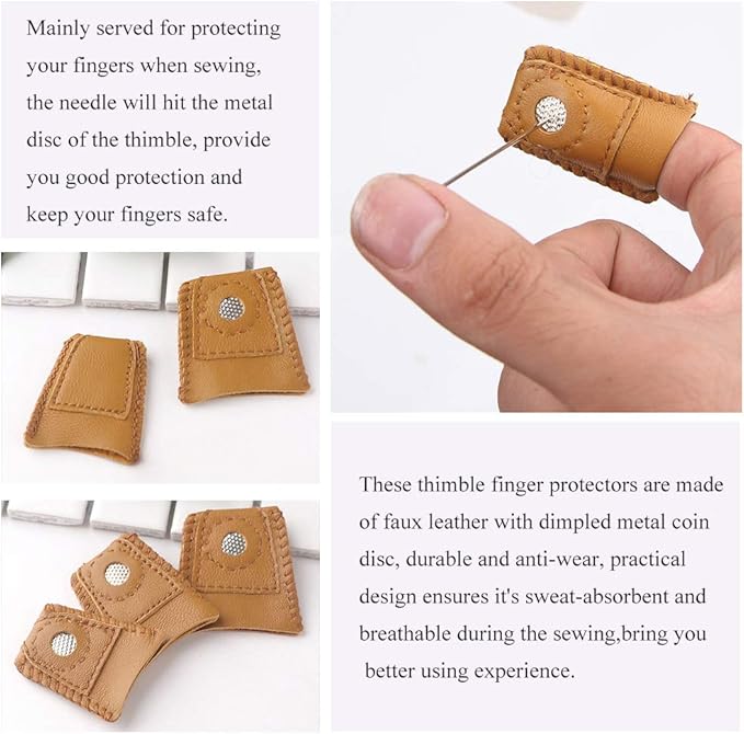 8 Pcs Thimble + 30 Pcs Sewing Needles, Finger Protector Fingertip Adjustable Metal Bronze Rings and Leather Coin Thimble for Needlework, Hand Embroidery Craft
