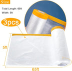 3 Pack Protective Masking Film with Tape 5 x 65 Ft Car Painters Plastic Sheeting Roll Tape and Drape Masking Film for Automotive Painting Covering Frames, Furniture, Auto Body
