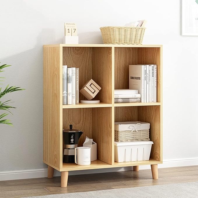 IOTXY Freestanding Open Cubes Bookcase - 2-Tier Floor Standing Wooden Storage Display Cabinet Organizer with Legs for Home Office, 4-Cubes Open Shelf Low Short Bookshelf, Oak